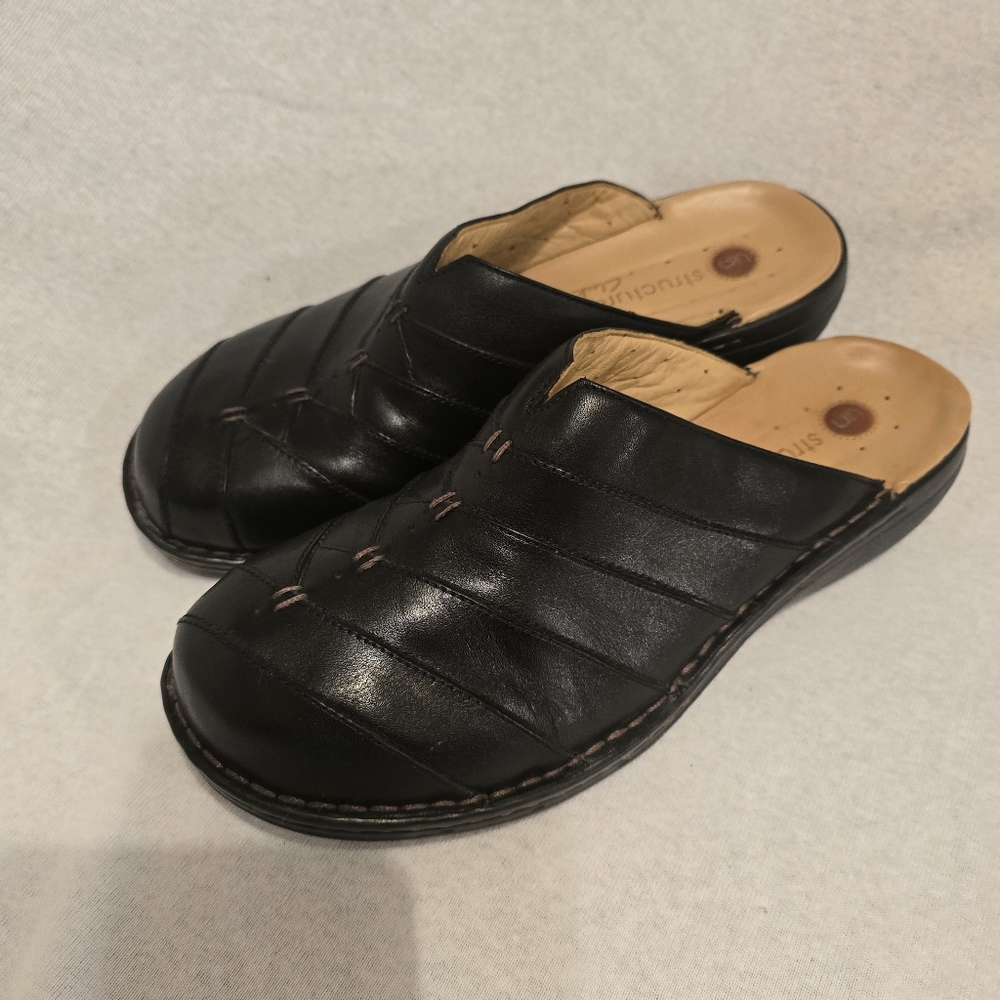 Women's Clarks Black Unstructured Leather Clogs Size 10